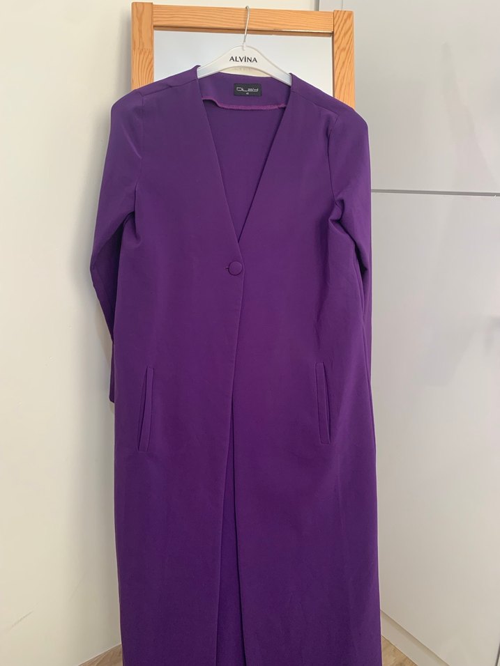 Düğmeli Mor Kadın Uzun Ceket boy 110 cm - Görsel 3