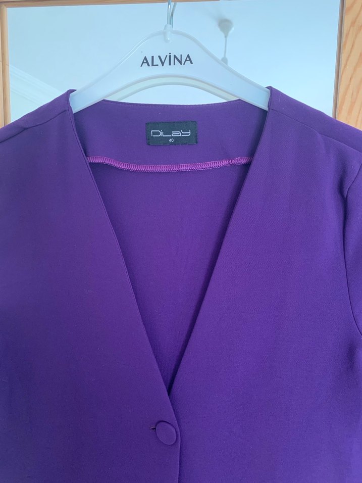 Düğmeli Mor Kadın Uzun Ceket boy 110 cm - Görsel 2