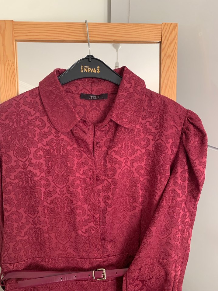 Bordo Kadın Uzun Kol Desenli Elbise - Görsel 2