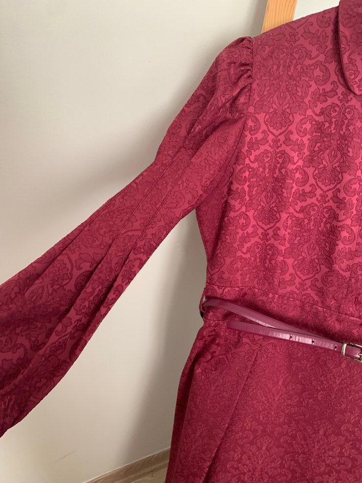 Bordo Kadın Uzun Kol Desenli Elbise - Görsel 4