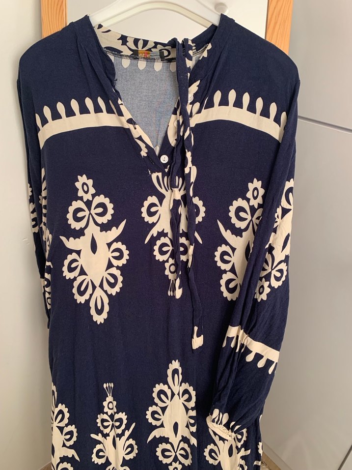 Nakışlı Püsküllü Uzun Mavi Bohem Elbise - Görsel 2