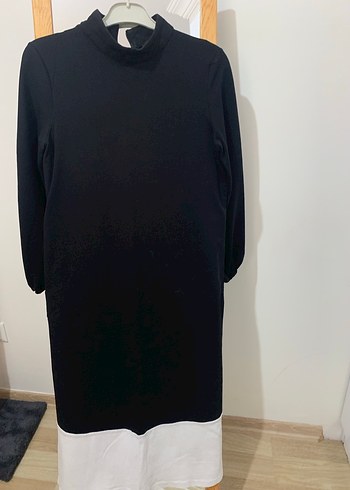 Siyah Beyaz Fermuarlı Uzun Kollu Elbise - Görsel 2