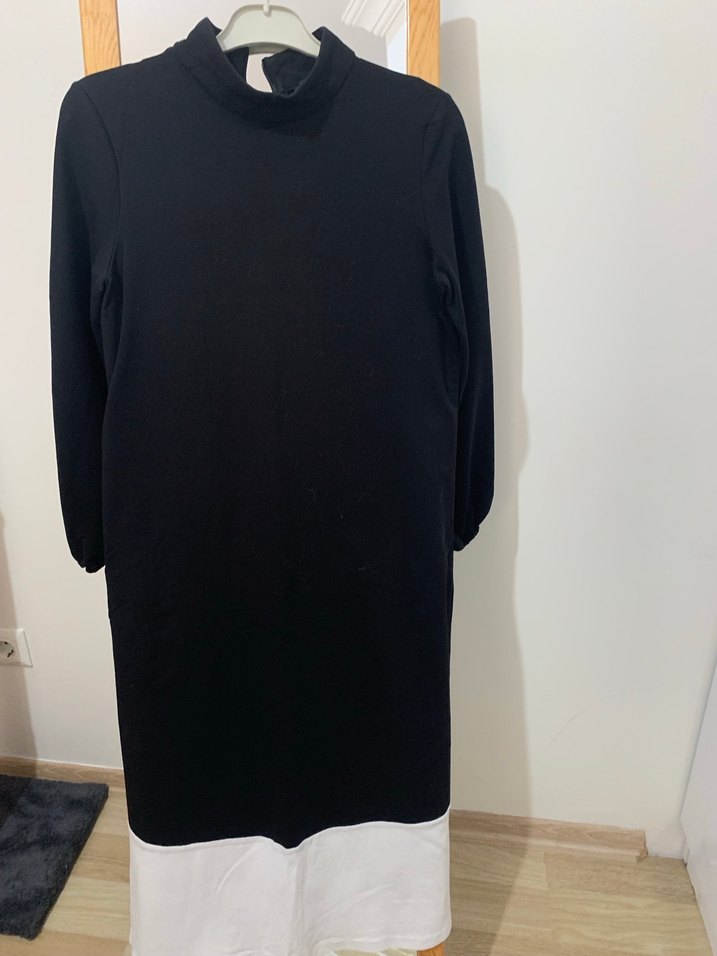 Siyah Beyaz Fermuarlı Uzun Kollu Elbise - Görsel 2