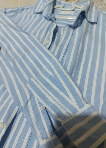 Mavi Çizgili Uzun Kollu Kadın Gömlek - Görsel 3