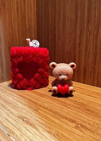 Kırmızı Güllü Dekoratif Mum ve Ayıcık - Görsel 3