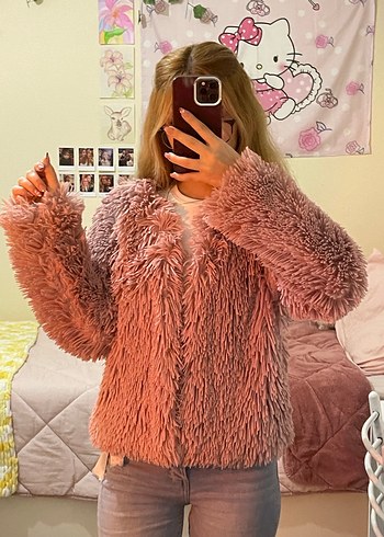 Pembe Kadın Peluş Kürk Ceket - Görsel 2