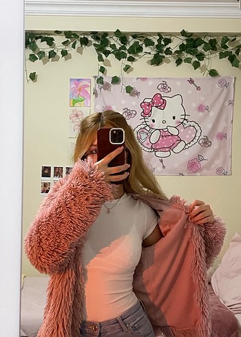 Pembe Kadın Peluş Kürk Ceket - Görsel 3