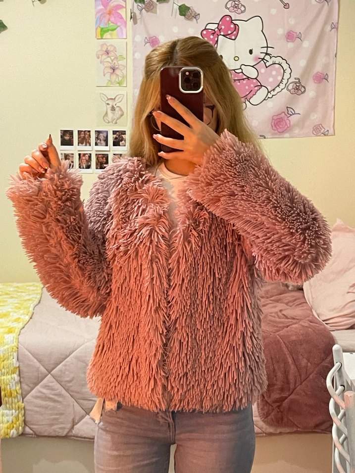 Pembe Kadın Peluş Kürk Ceket - Görsel 2