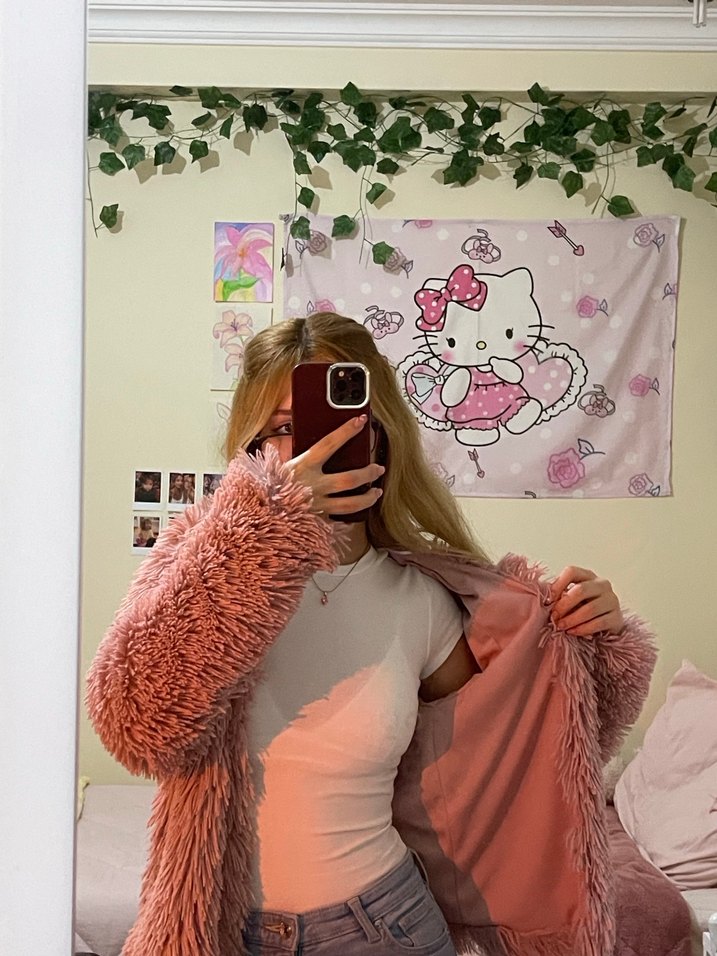 Pembe Kadın Peluş Kürk Ceket - Görsel 3