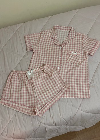 Temu Pembe Kareli Kısa Kollu Kadın Pijama Takımı - Görsel 2