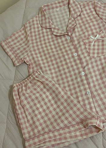 Temu Pembe Kareli Kısa Kollu Kadın Pijama Takımı - Görsel 3