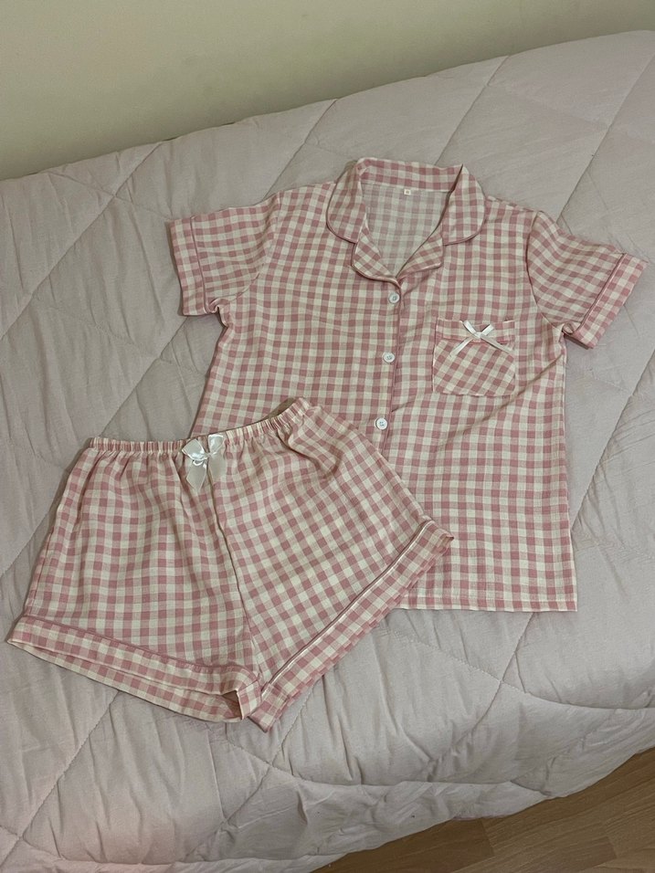 Temu Pembe Kareli Kısa Kollu Kadın Pijama Takımı - Görsel 2