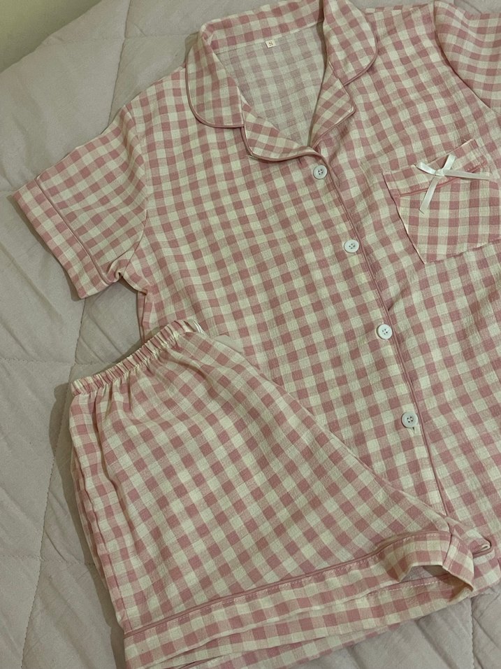 Temu Pembe Kareli Kısa Kollu Kadın Pijama Takımı - Görsel 3