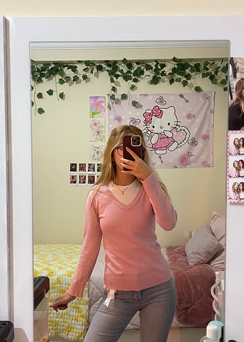 Pembe V Yaka Örgü Kadın Kazak - Görsel 2