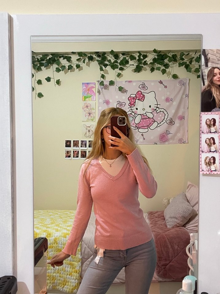 Pembe V Yaka Örgü Kadın Kazak - Görsel 2