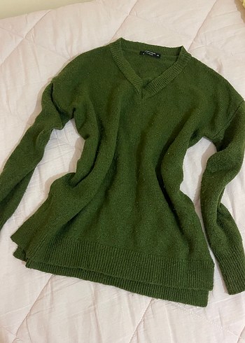 V Yaka Haki Kadın Triko Kazak - Görsel 3