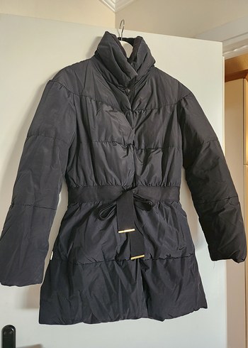 Mango Kemerli Siyah Kadın Midi Kaz tüyü Kış Montu - Görsel 3