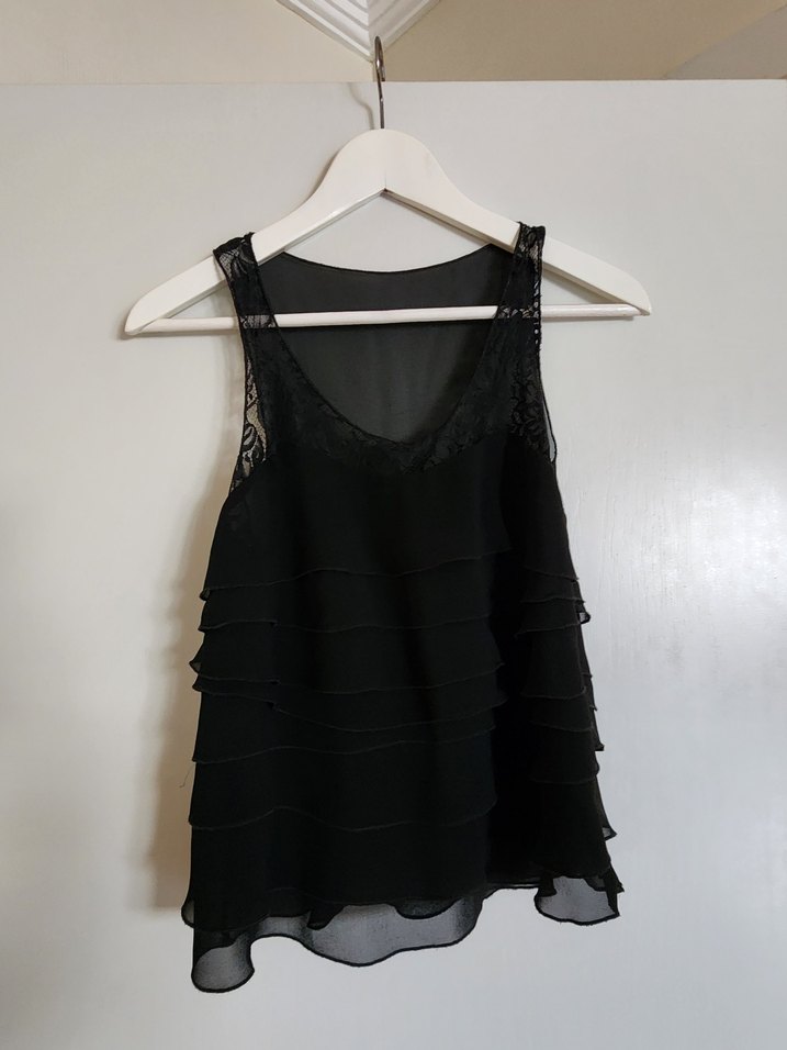 Siyah Kat Kat Volanlı Midi şifon bluz - Görsel 3