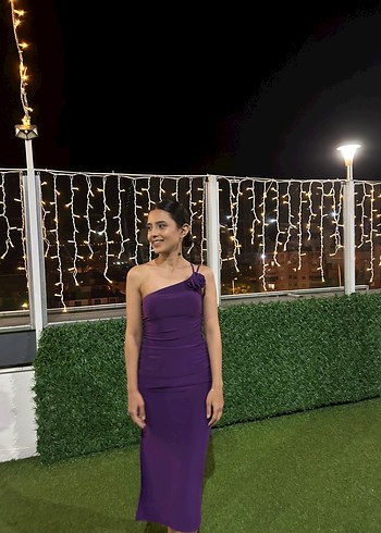 Mor Drapeli Straplez Tek Omuz Uzun Abiye Elbise - Görsel 2