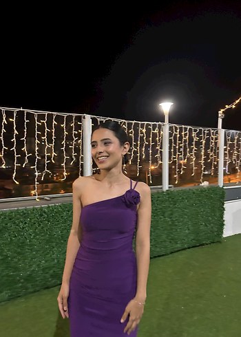 Mor Drapeli Straplez Tek Omuz Uzun Abiye Elbise - Görsel 3