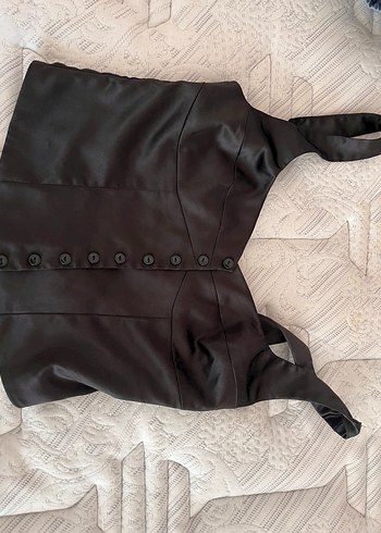 Düğmeli Siyah Deri V Yakalı Büstiyer