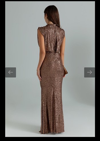 Kahverengi Parlak Yılan Desenli Uzun Abiye Elbise - Görsel 2