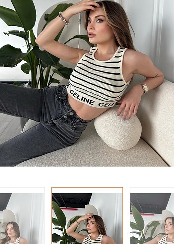 Çizgili Kemerli Kısa Denim Crop Top