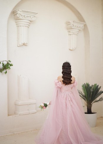 Pudra Pembe Drapeli Uzun Abiye Elbise - Görsel 2