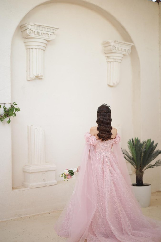 Pudra Pembe Drapeli Uzun Abiye Elbise - Görsel 2