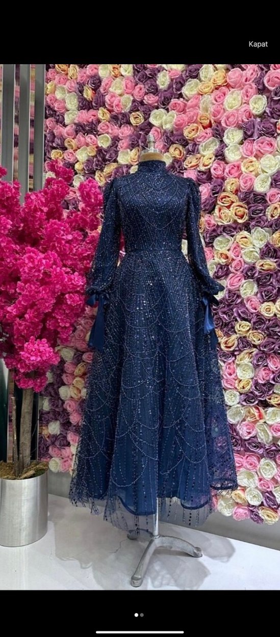 Boncuk İşlemeli Lacivert Uzun Abiye Elbise - Görsel 2