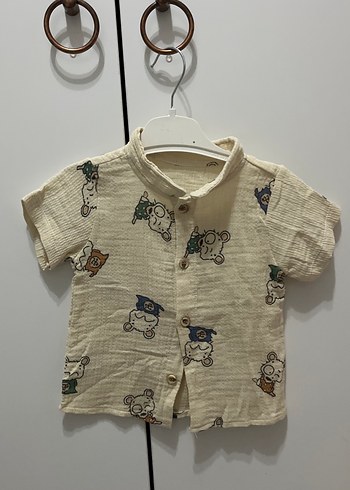 Diğer Krem Renkli Ayicik Desenli Bebek Muslin Gomlek Tisortu
