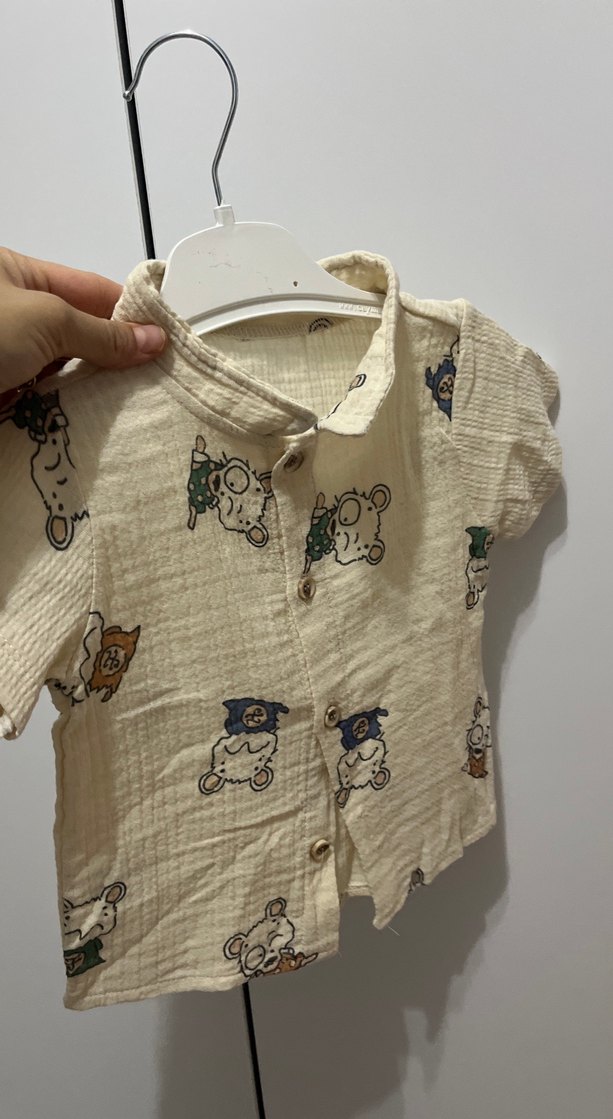 Krem Renkli Ayıcık Desenli Bebek müslin gömlek Tişörtü — görsel 2/3