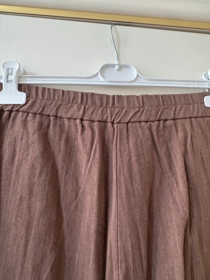 Kahverengi Keten Düğmeli Kadın Takım - Görsel 3