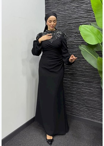 Abiye Uzun Siyah Drapeli Kadın Abiye Elbise