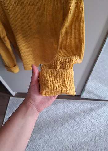Sarı Yüksek Yakalı Örgü Kadın Kazak - Görsel 5