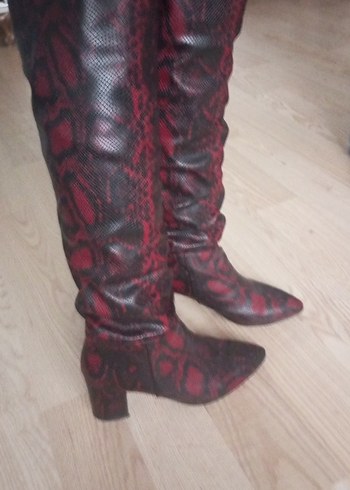 Bordo Yılan Desenli Deri Dizüstü cizme - Görsel 4
