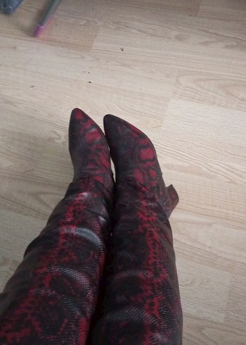 Bordo Yılan Desenli Deri Dizüstü cizme - Görsel 9