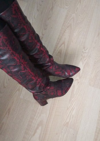 Bordo Yılan Desenli Deri Dizüstü cizme - Görsel 7