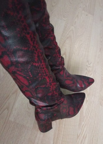 Bordo Yılan Desenli Deri Dizüstü cizme - Görsel 8