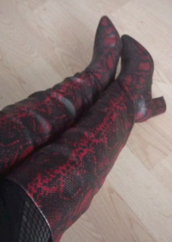 Bordo Yılan Desenli Deri Dizüstü cizme - Görsel 2