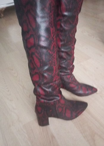 Bordo Yılan Desenli Deri Dizüstü cizme - Görsel 5