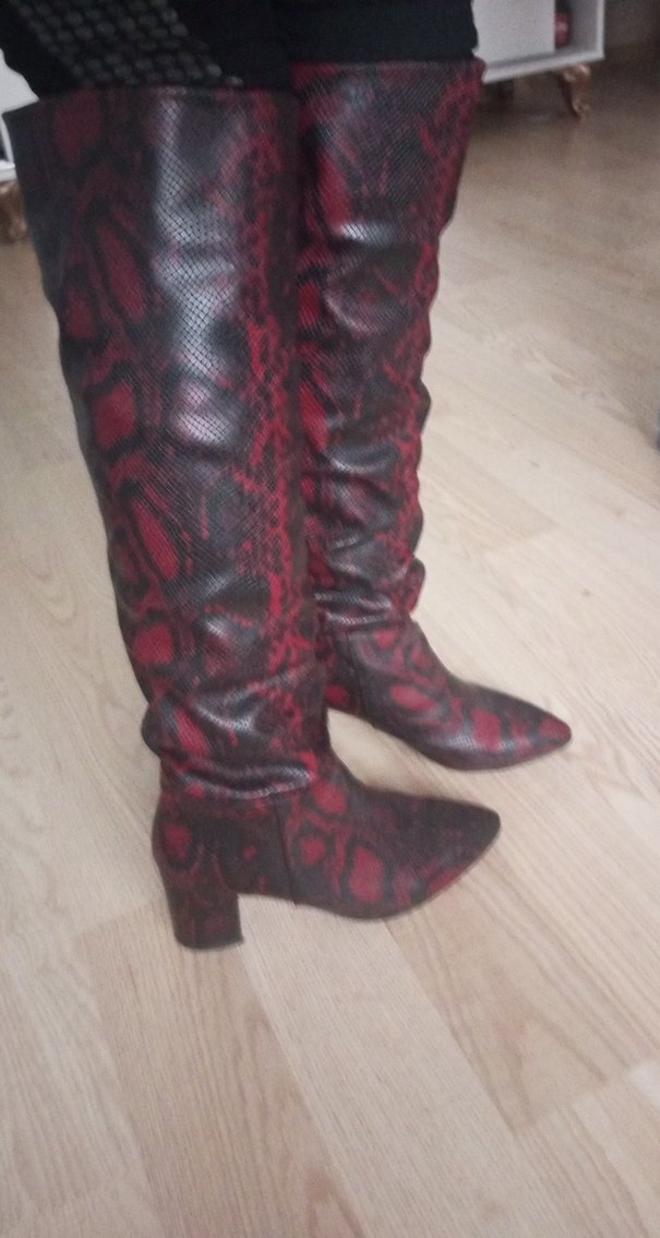 Bordo Yılan Desenli Deri Dizüstü cizme - Görsel 4