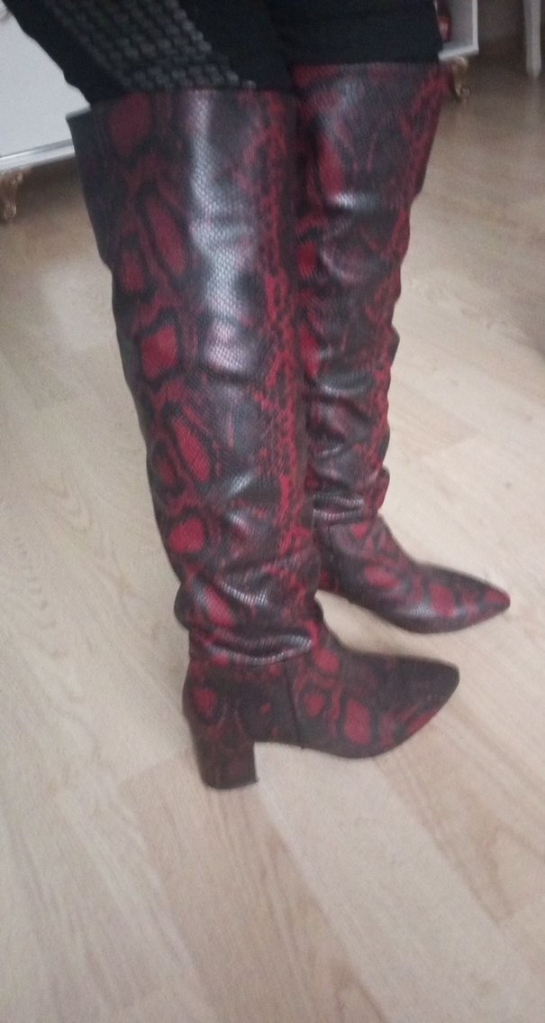 Bordo Yılan Desenli Deri Dizüstü cizme - Görsel 5