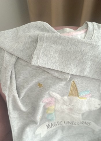 11-12 Yaş Beden Gri Kız Çocuk Unicorn Baskılı Pijama Takımı