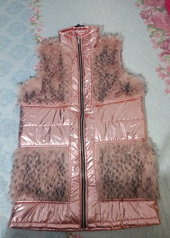 Kadın Pembe Kürklü Suni Kumaş Yelek
