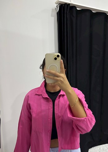 l Beden pembe Renk Düğmeli Pembe Keten Kadın Gömlek