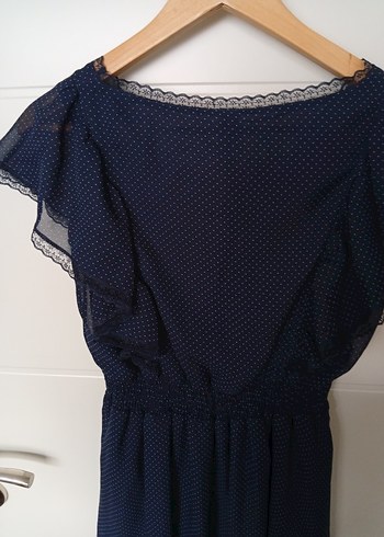 Lacivert Puantiyeli V Yaka Midi Elbise - Görsel 2