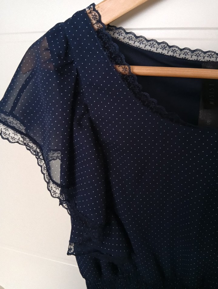 Lacivert Puantiyeli V Yaka Midi Elbise - Görsel 3