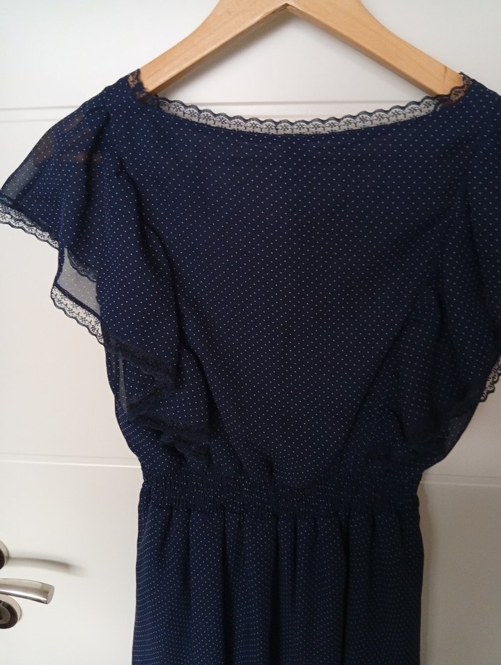 Lacivert Puantiyeli V Yaka Midi Elbise - Görsel 2