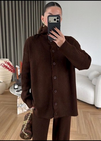 Düğmeli Kahverengi Triko Kadın Takım - Görsel 2